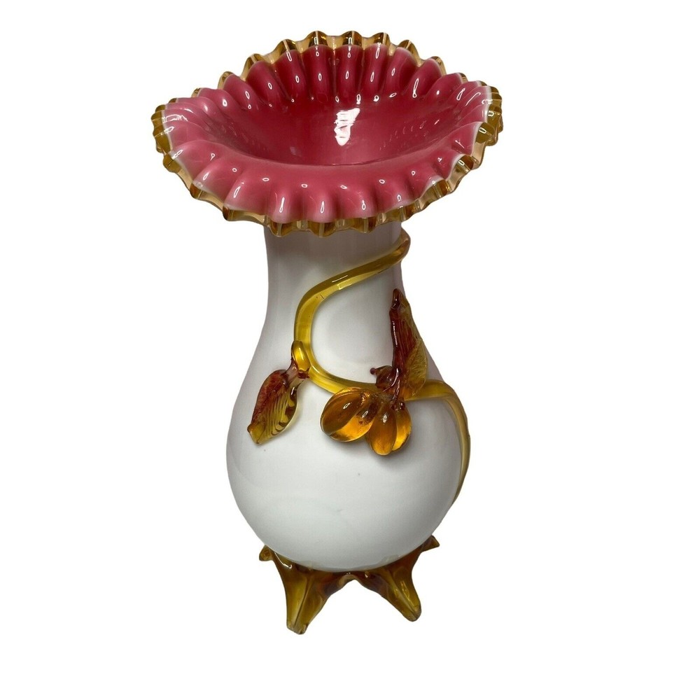 Stevens Williams Peachblow Applied Floral Vase Antique Victorian Glass 10” FLAW